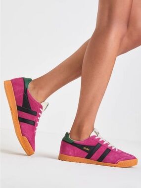 NWT Gola Elan Women: Pink Suede Sneakers with Black Stripes
